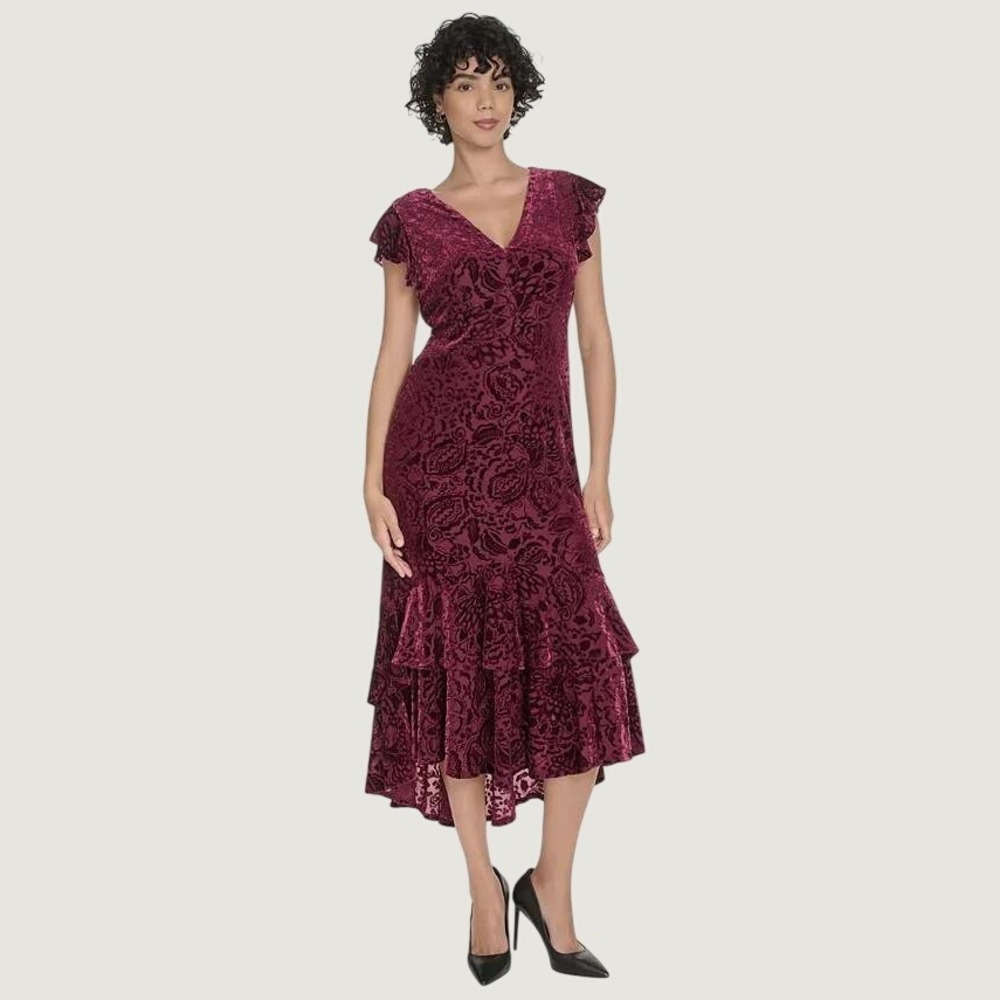 Tommy Hilfiger Maxi Dress 12 Burgundy Velvet Burnout Tiered High-Low Whimical